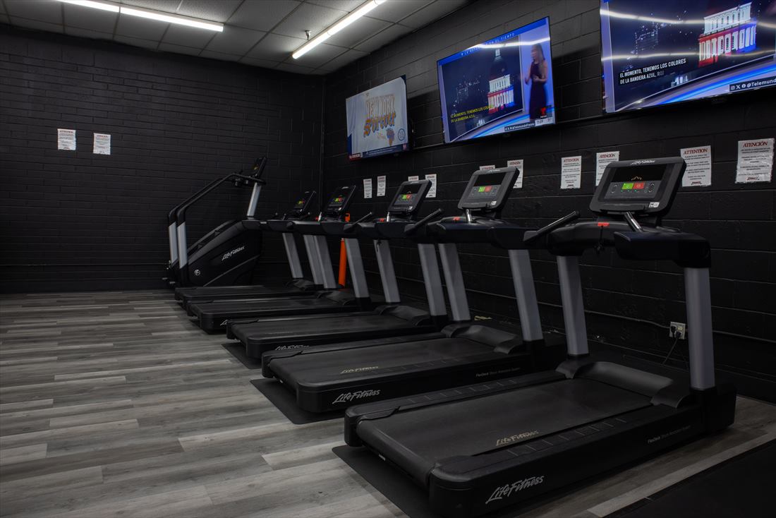 Cardio machines lined up along the wall